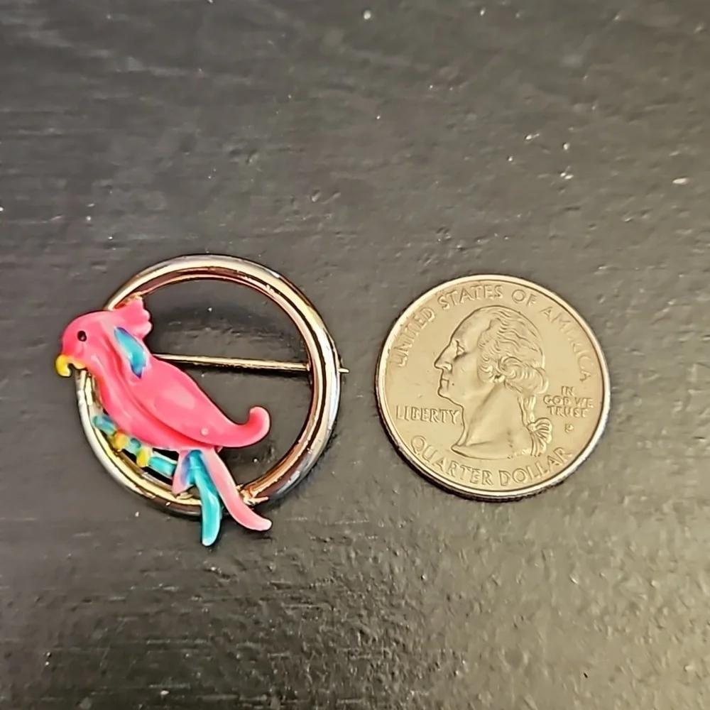 Vintage Enameled Parrot Brooch Pin Pink & Silver